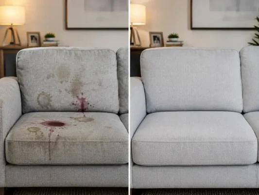 Comparación antes y después de lavado de sala con manchas en Puebla