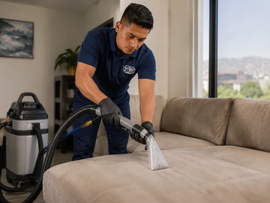 Técnico profesional aspirando sala de piel en domicilio de cliente en Puebla