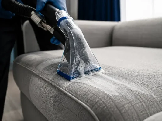 Técnico de SalaClean lavando sala beige con máquina de inyección-extracción a domicilio en Puebla